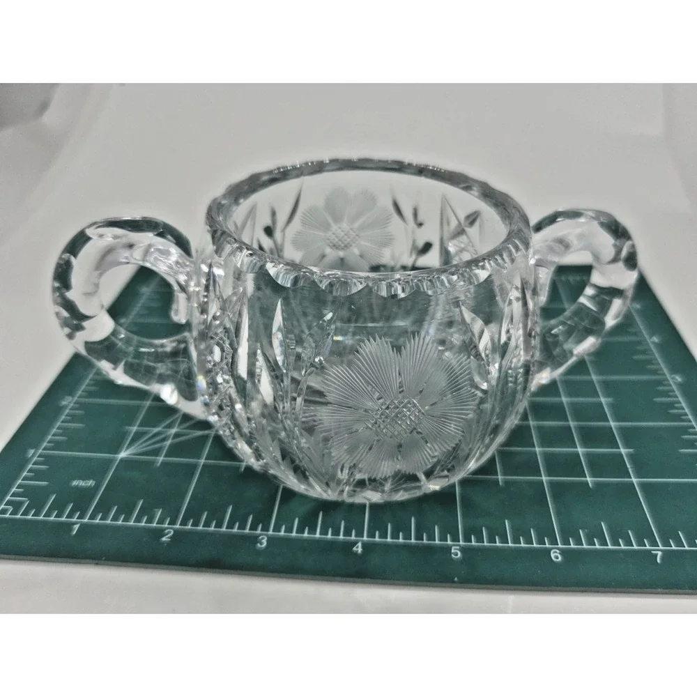 Vintage American Brilliant Cut Glass Creamer and Sugar Bowl Set Etched Floral